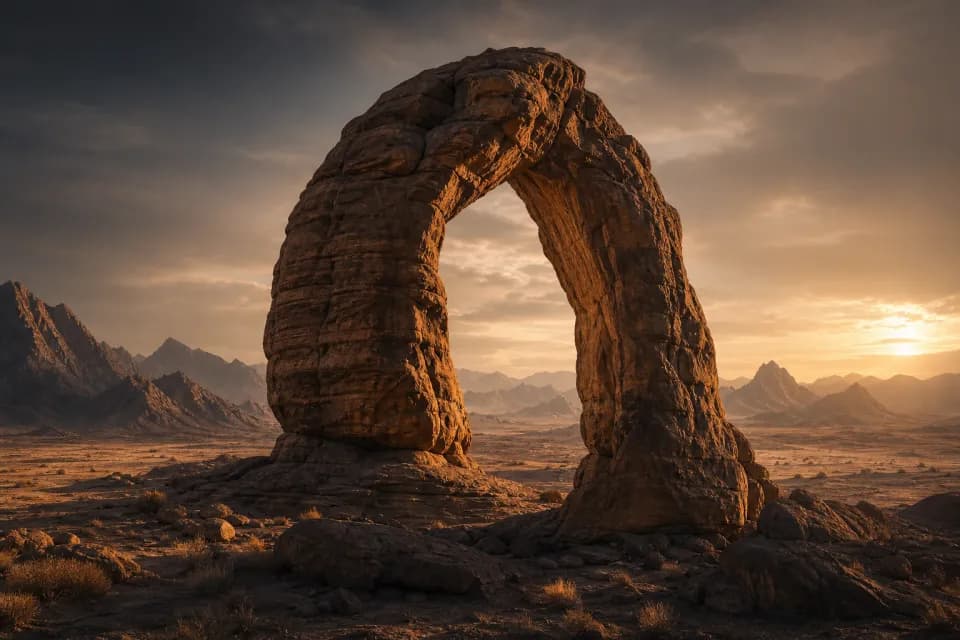 A monumental sandstone arch in warm evening light