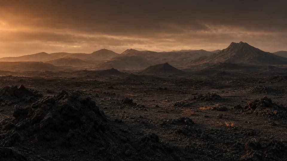 A volcanic landscape under warm dusk light